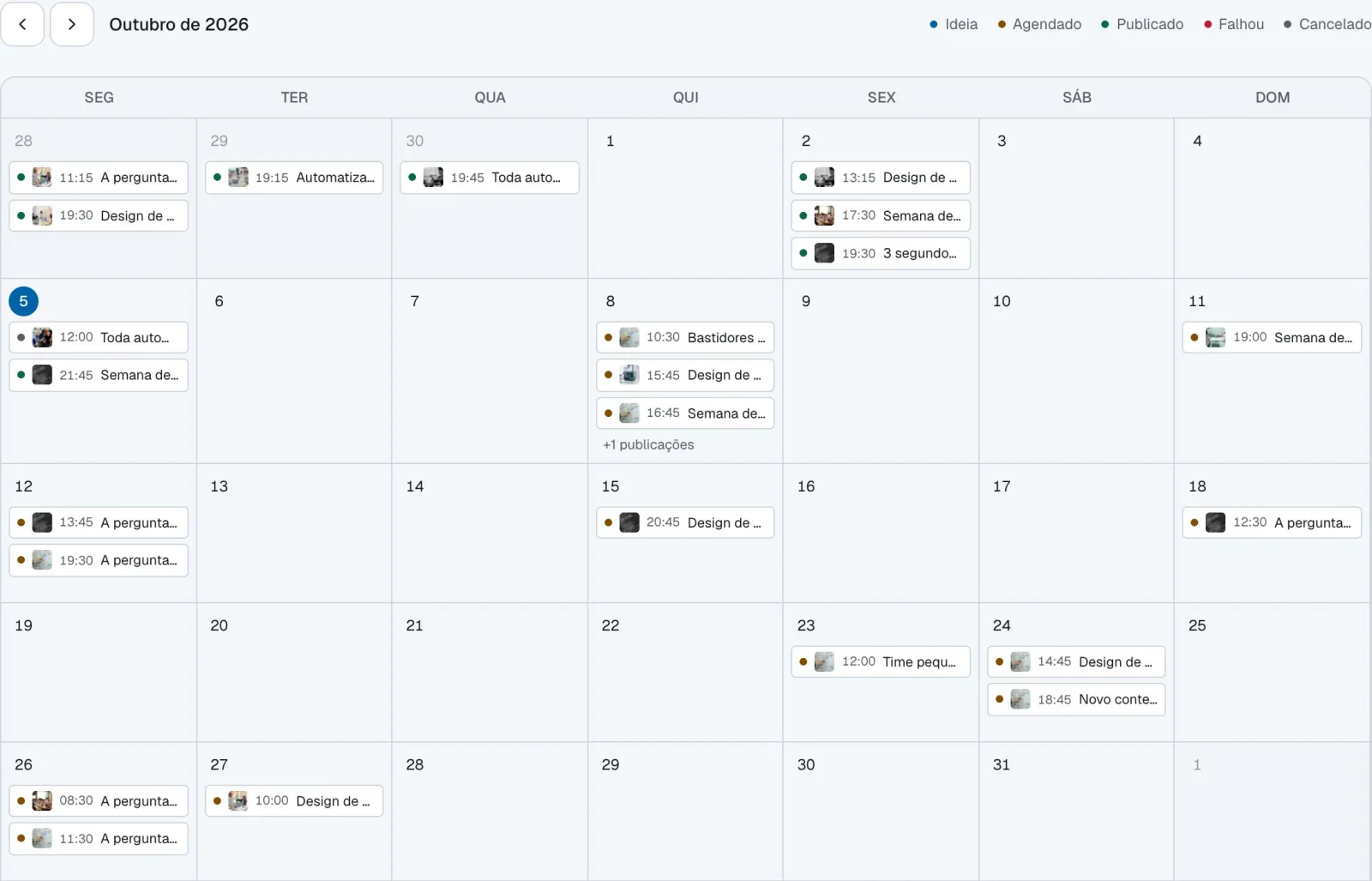 Calendário editorial com os posts publicados e agendados do mês