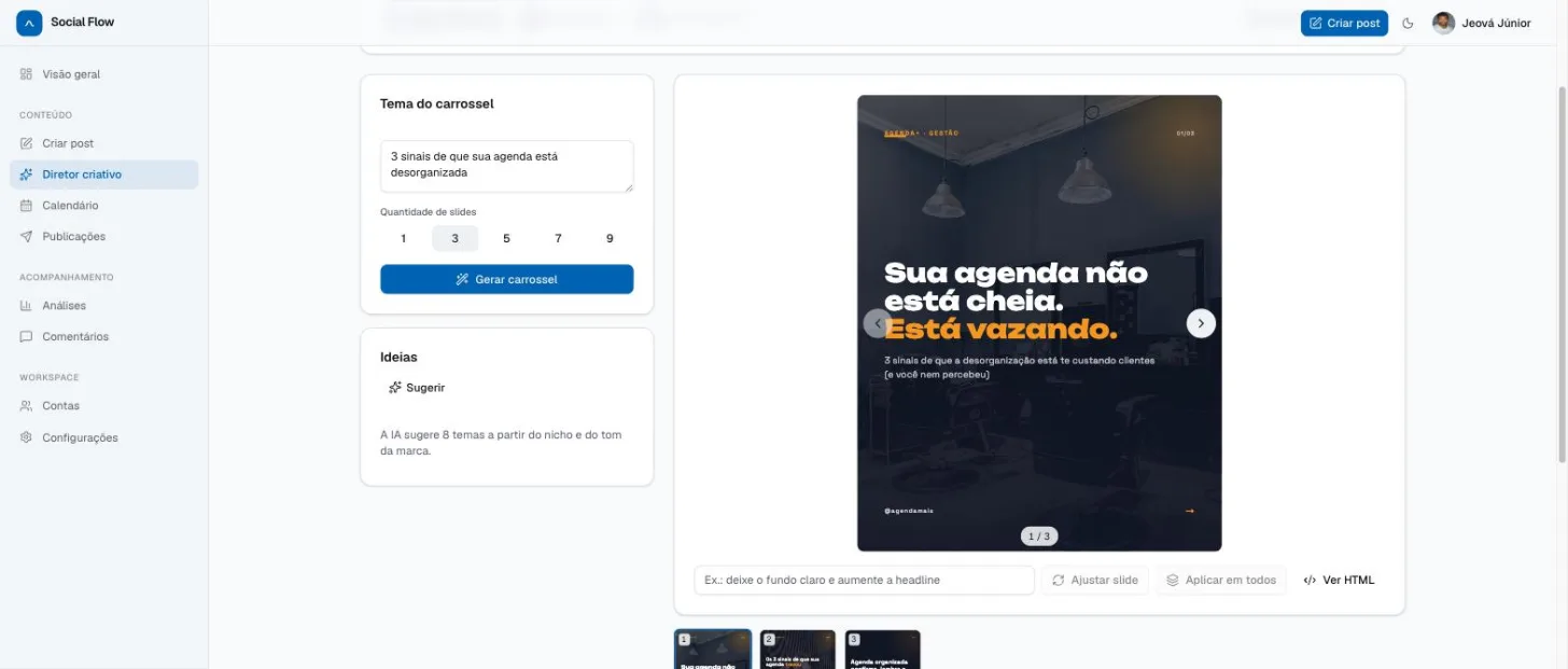 Tela do Diretor de arte com um carrossel gerado e as miniaturas dos slides